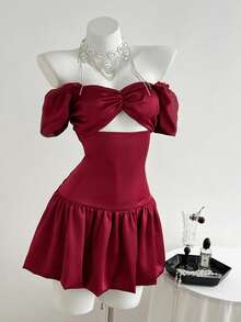 Elamini Red Satin Strapless Bodycon Christmas Luxury Evening Dress For Women - Red - View 1