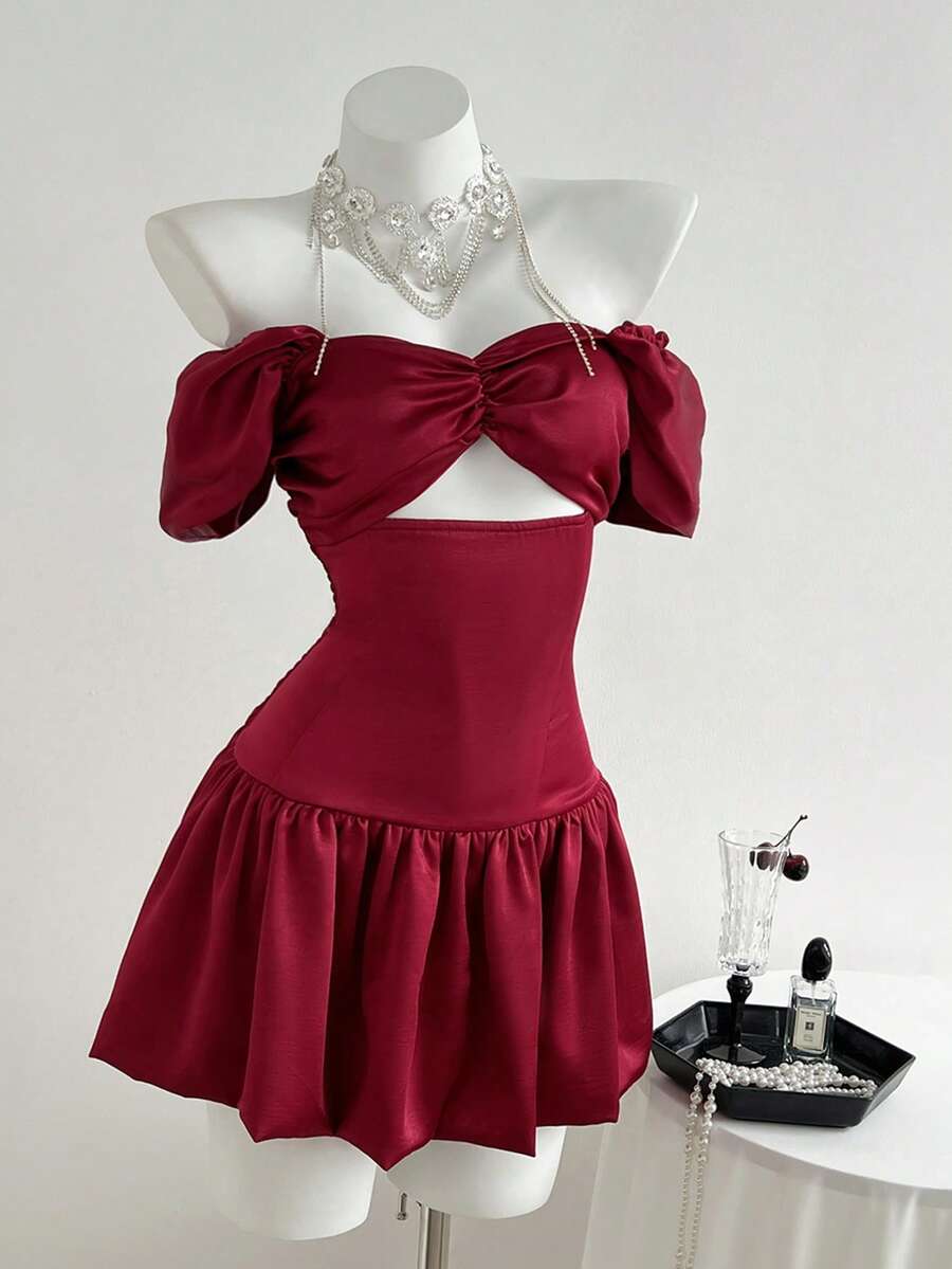 Elamini Red Satin Strapless Bodycon Christmas Luxury Evening Dress For Women - Red - View 1