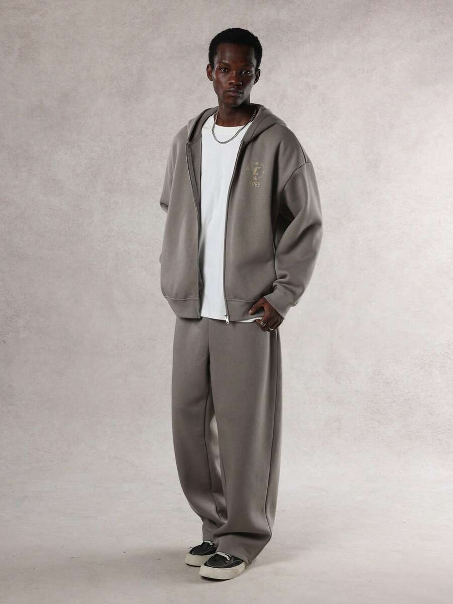 DAZY 男士字母印花保暖内衬拉链连帽衫套装，卡其色，秋冬 - 卡其色 - 查看 1