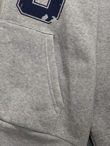 SHEIN EZwear Sudadera con capucha con cremallera de punto gris Attitoon, estilo universitario con patrón de insignia, talla 23, sudadera casual y elegante para mujer para otoño/invierno