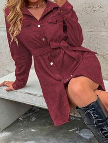 SHEIN LUNE 女式纯色单排扣腰带设计休闲长袖衬衫裙 - 酒紅色 - 查看 3