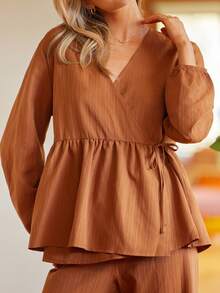 Lullawish Conjunto de pijama de mujer de rayas marrones con textura, estilo bohemio, casual y cómodo para vacaciones, con cuello en V, ropa de estar en casa de manga larga, ropa de invierno