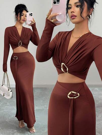 Rafferiza Women's Pleated Metal Decor Long Sleeve Mermaid Maxi Dress, Suitable For Nightclub, Commute, Holiday, Christmas, Halloween, Travel & Vacation, 2 Pieces Set