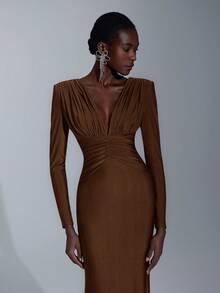 优雅、浪漫、性感、简约、梅红色、有弹性、深 V 领、长袖、鱼尾下摆、时尚、网红风格、适合节日、度假、生日派对、婚礼、伴娘礼服 - 棕色 - 查看 2