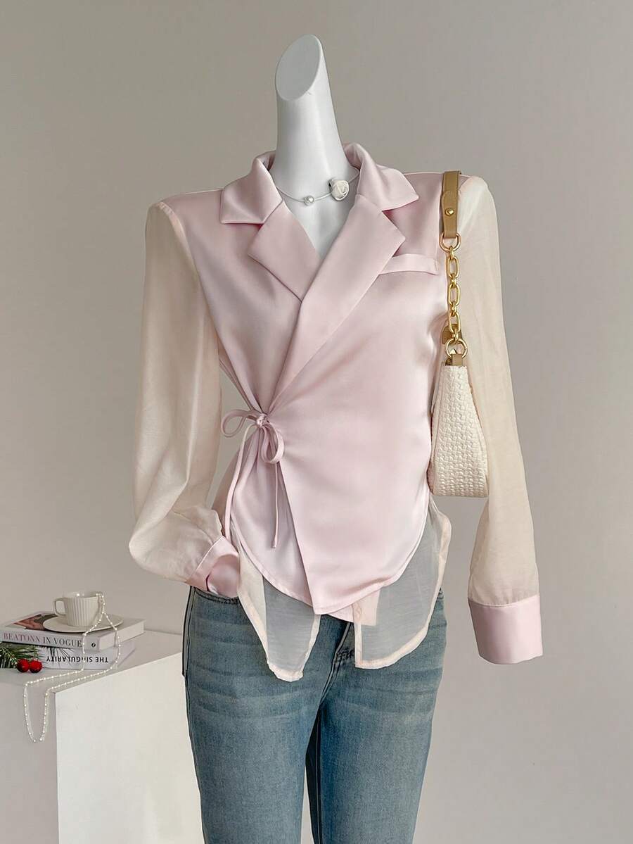 Celisse Women's Lapel NeckLong Sleeve Side Knot Fashionable Blouse - White - View 1