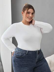 SHEIN CURVE+ 加大码 3 件女式纯色圆领休闲修身长袖 T 恤套装，适合春秋冬 - 彩色 - 查看 3