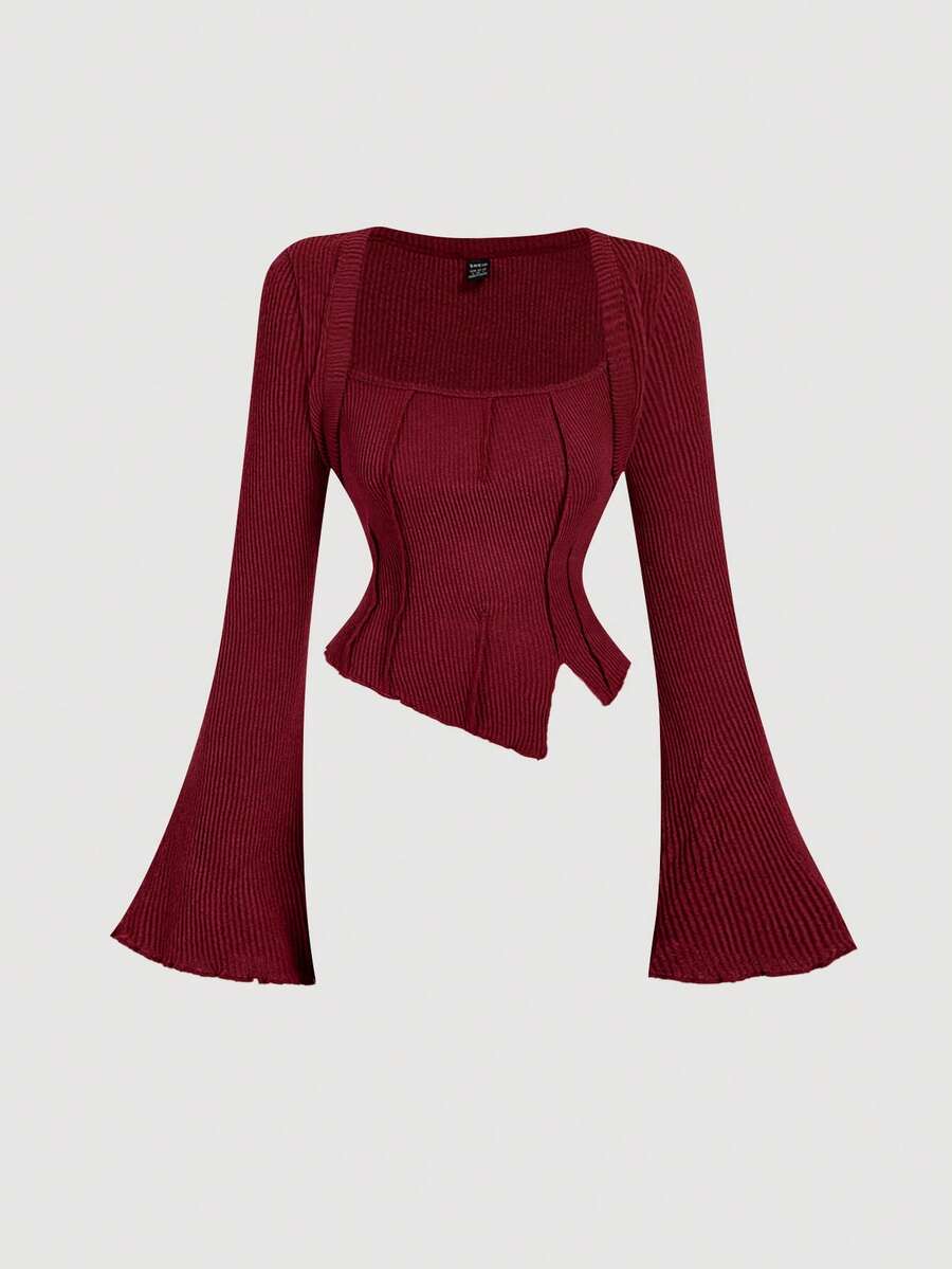 SHEIN MOD 女式圆领长袖 T 恤，拉绒罗纹针织修身休闲 T 恤 - 酒紅色 - 查看 1