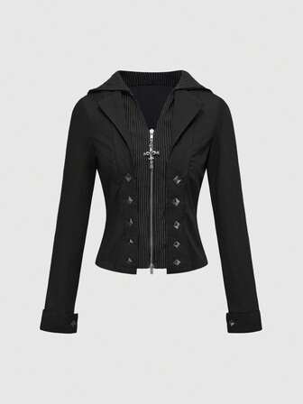 Grunge Punk Camicia da donna con vita arricciata e doppia chiusura lampo frontale, stile Y2K punk, Kpop, preppy