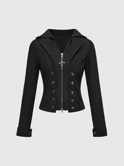 Grunge Punk Y2K Punk Preppy Dual-Zip Front Shirred Waist Shirt For Women