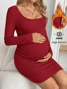 SHEIN Maternity Solid Color Thermal Lined Crew Neck Mini Dress - Burgundy - View 3