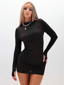 BABYPHAT 适合夜生活派对俱乐部的长袖高领网眼紧身迷你连衣裙 - 黑色 - 查看 2