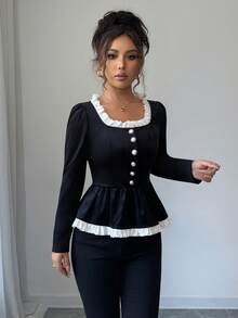 Rafferiza Áo cánh nhung đen trắng kiểu Pháp thanh lịch dành cho nữ - màu đen - Xem 4