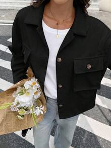 Serisse Women Plain Simple Long Sleeve Jacket In Fall/Winter Black Casual - Black - View 7