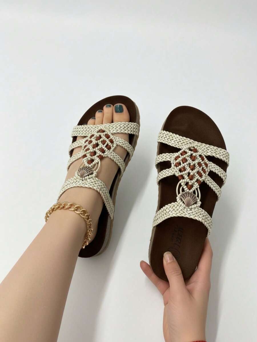 Sandalia para mujer tejido a mano concha decorativa punta redonda sin cordones suela plana estilo bohemio verano playa paseo sandalia - Blanco - Ver 1