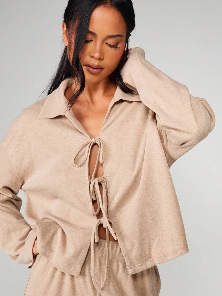 MISSGUIDED Collared Knit Cardigan With Tie Front Closure Long Sleeve Button Detail Lounge Top