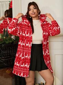 SHEIN EZwear Plus Size Women's Christmas Reindeer Pattern Long Sleeve Hooded Jacket,Black And White,Autumn,Casual,Elegant,Wedding Guest,Chic New Year Thanksgiving - Red - View 2