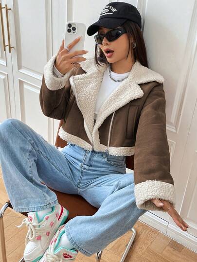 Easelle Chaqueta de motorista con cremallera y forro de peluche de oso de peluche en color caqui, chaqueta de invierno de estilo Y2K de color marrón de moda para mujeres en otoño/invierno, estilo de los 90