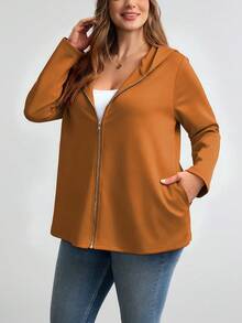 SHEIN LUNE 大码女式秋冬休闲外套，万圣节服装拉链连帽外套带口袋，百搭秋冬外出外套 - 摩卡棕 - 查看 5