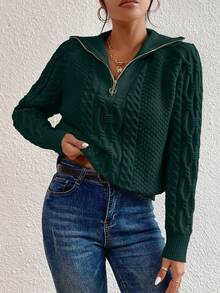 EMERY ROSE Women's Casual Pullover Sweater With Zipper Half Placket And Raglan Long Sleeves, Autumn/Winter - Dark Green - View 5