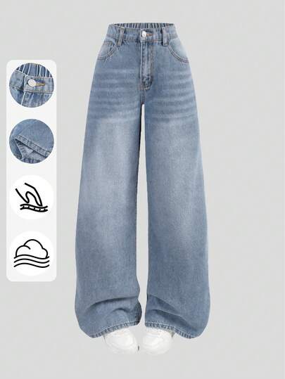 SHEIN Girlism Teen Girls Fashion Casual Y2k Vintage Cool Street Returns To School College Light Blue Refreshing Washed Denim Low-Rise Loose Jeans For Teen Girl Clothes Teen Girls Dailywear And Teen Girl Winter And Fall Rave Outfits Festival And Outfits Streetwear Clothes