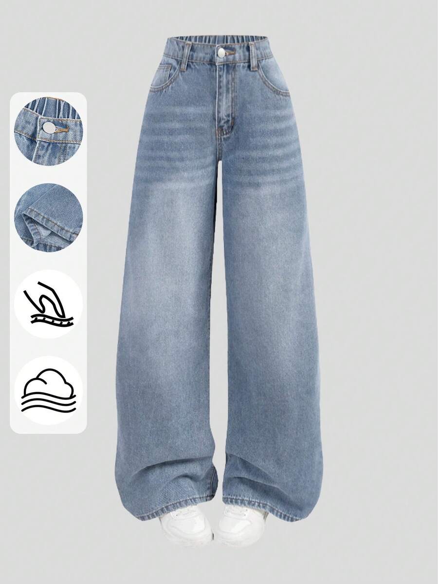 SHEIN Girlism 少女时尚休闲 Y2K 复古酷炫街头风回归校园学院风浅蓝色清爽水洗牛仔低腰宽松牛仔裤日常秋冬秋冬锐舞节和街头服饰 - 藍色 - 查看 1