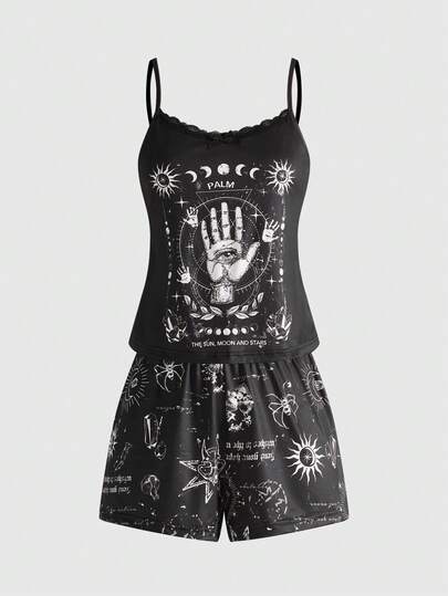 Gothic Dark Magic Spider Sun & Moon Palm Crystal Lace Camisole & Shorts Pajama Set