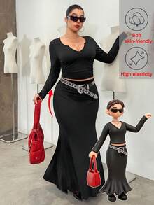 SHEIN EZwear 加大码黑色美人鱼裙和长袖T恤两件套 - 黑色 - 查看 3