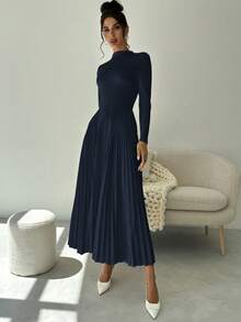 Firerie 女士优雅百褶A字长袖紧身连衣裙，百搭秋季 - 藏蓝色 - 查看 4