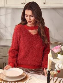 Louniche Women's Shiny Fuzzy V-Neck Pearl Decor Elegant Party Sweater, Autumn/Winter, Christmas - Red - View 6
