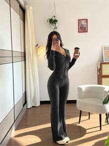 Rafferiza 2 件女式休闲连帽运动衫，带口袋和喇叭裤罗纹针织套装，适合秋冬季