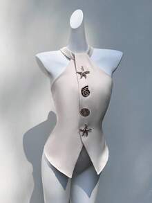 Glamine 休闲优雅无袖露背杏色编织无弹性金属扣女式衬衫秋季女装返校