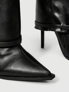 SHEIN BAE Sexy Fashion Pants-Cut Boots With Metallic Buckle Decor Pointed Toe Slim High Heel Casual Black Ladies Over-The-Knee Boots - Black - View 5