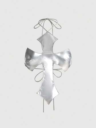 ROMWE Avant Camiseta de tirantes con cuello halter y espalda descubierta de estilo callejero con cruz brillante plateada Y3K Millennium para mujeres