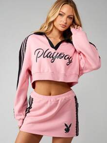 Missguided x Playboy Logo Sweatshirt With Black Contrast Trim V Neck Long Sleeve Pullover Top