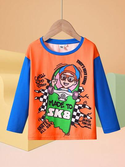 Blippi X SHEIN Camiseta de punto holgada con cuello redondo, bloque de color y gráfico de dibujos animados para niño casual