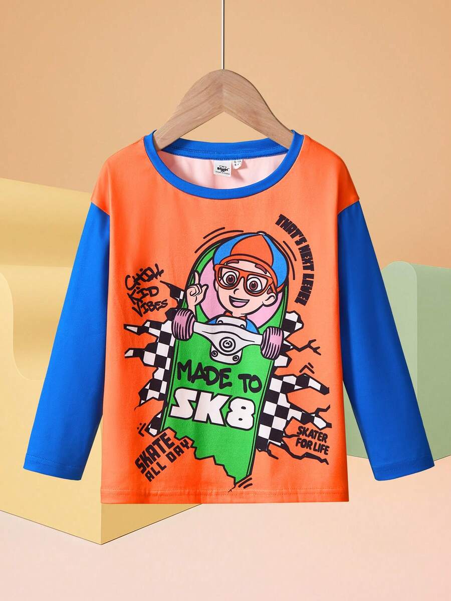 Blippi X SHEIN 小男孩休闲卡通图案圆领拼色宽松针织T恤 - 彩色 - 查看 1