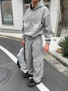 DAZY 男士字母印花羊毛连帽衫套装，街头风格，秋冬 - 灰色 - 查看 1
