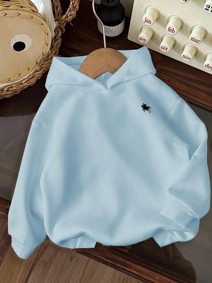 SHEIN Leap Crew Sudadera con capucha con bordado de caballo para niña preadolescente en otoño/invierno - Celeste - Ver 1