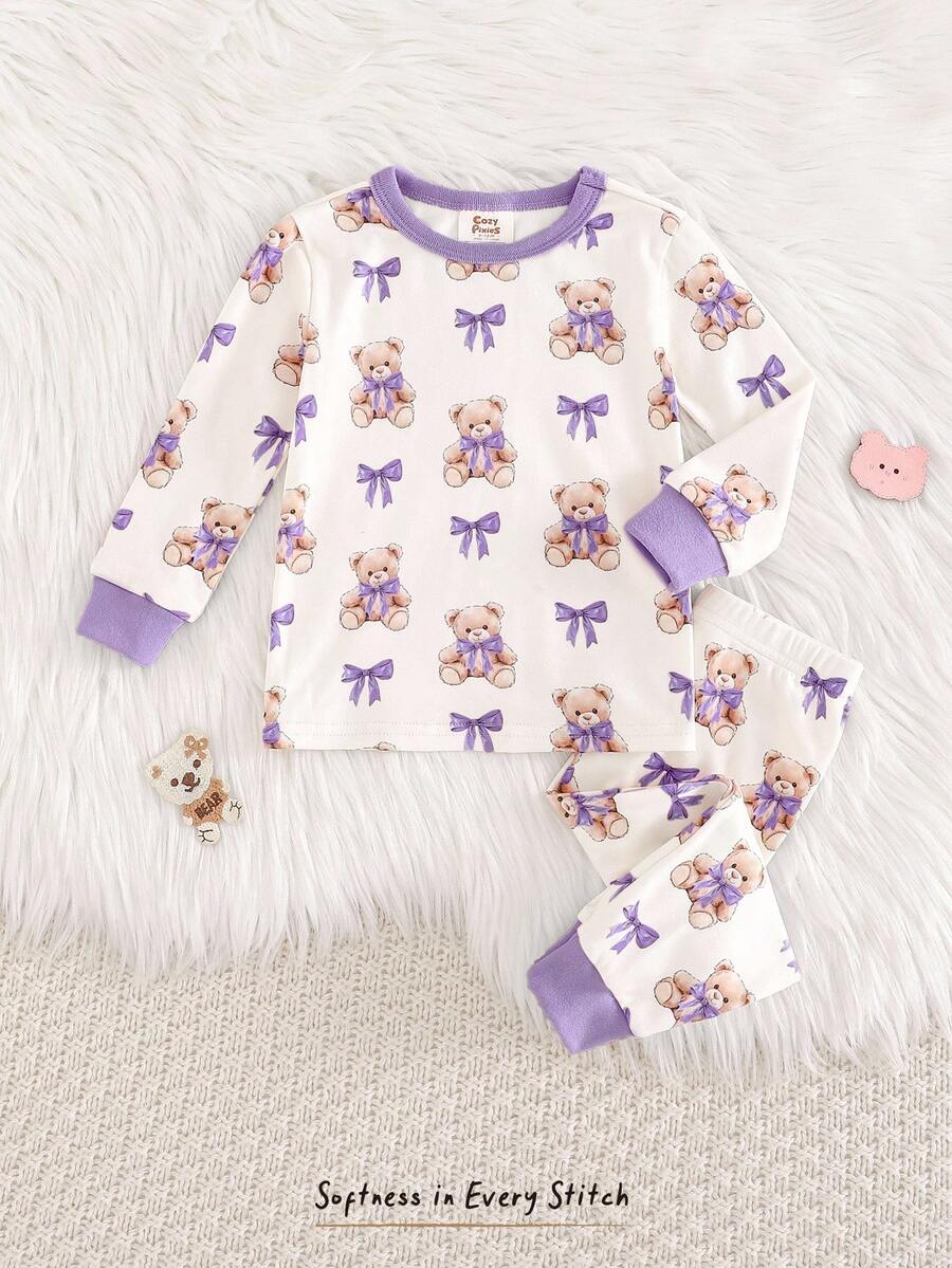Cozy Pixies Baby Girl Cartoon Bear Print Knit Soft Crew Neck Long Sleeve Top And Elastic Waist Leggings 2 Pieces Pajama Set - Mauve Purple - View 1