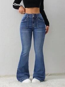 SHEIN Tall 女士牛仔裤 休闲紧身弹力喇叭牛仔裤 - 中等水洗藍 - 查看 5