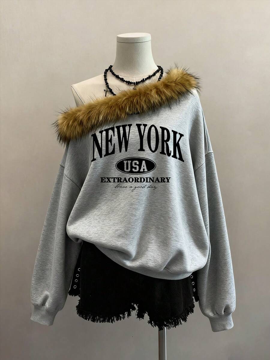 SHEIN EZwear 女式毛绒拼布不对称领字母印花运动衫 - 灰色 - 查看 1