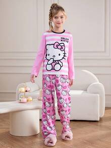 HELLO KITTY AND FRIENDS | SHEIN 2 件套少女可爱卡通小猫心形印花条纹拼色圆领长袖上衣和裤子睡衣套装 - 粉色 - 查看 1