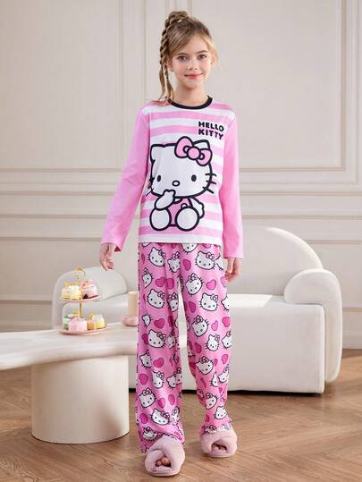 HELLO KITTY AND FRIENDS | SHEIN 2 st. pyjamasset för tweenflickor med söt tecknad kattunge och hjärtmönster, randig färgblock, rund halsringning och långärmad topp och byxor