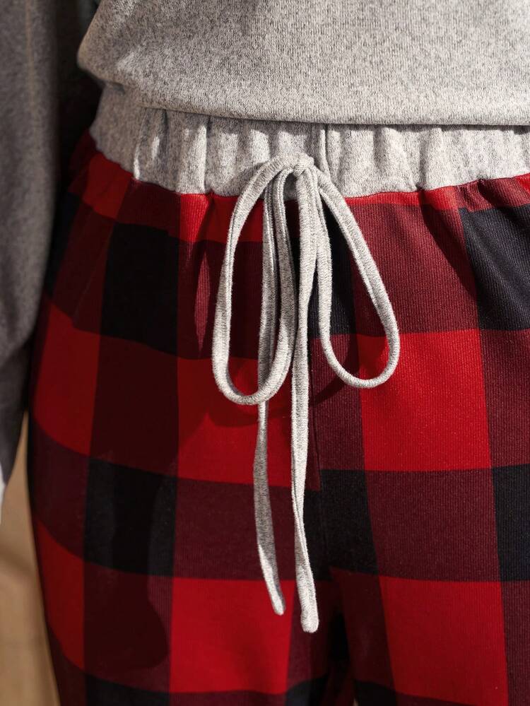 2pcs Plus Size Women Fall Casual Grey Top And Sweatpants Set With Pockets, Plus Size Women Christmas Casual  Long Sleeve T-Shirt And Red And Black Plaid Pants 2 Pieces Set,Plus Size Winter Clothes,Autumn/Winter,Going Out Outfits,2025 New Clothes,Simple And Fashionable For Everyday Wear,Christmas Outfit For Women ,New Year Clothes, Pajama Sets For Women,Christmas Party,Comfortable Two Piece Set