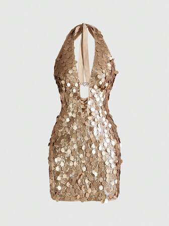 Vestido mini ajustado con escote halter, espalda descubierta y cuentas para mujer, estilo Y2K