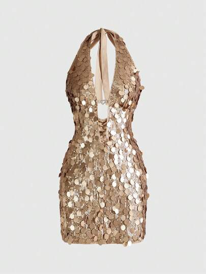 فستان قصير ضيق للنساء بتصميم عاري الظهر وخرز على الرقبة المنخفضة من طراز Y2K