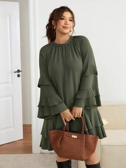 Lounesse Vestido casual/de trabajo con mangas acampanadas de color verde oliva para mujer de talla grande