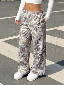 SHEIN PETITE Western Wear Women 's Branch Print Loose Sweatpants For Summer