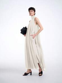 Aalyst 女士纯色高领无袖口袋褶皱连衣裙，春夏