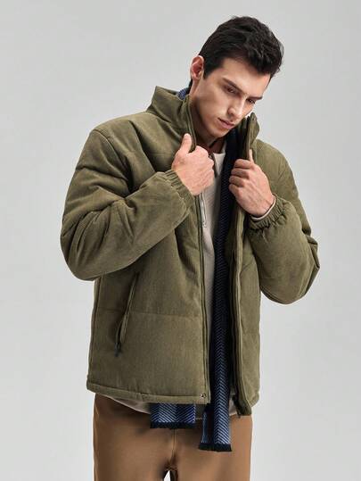 Officeau 男士加厚灯芯绒羽绒服，适合日常穿着和户外活动，秋冬季，复古风格